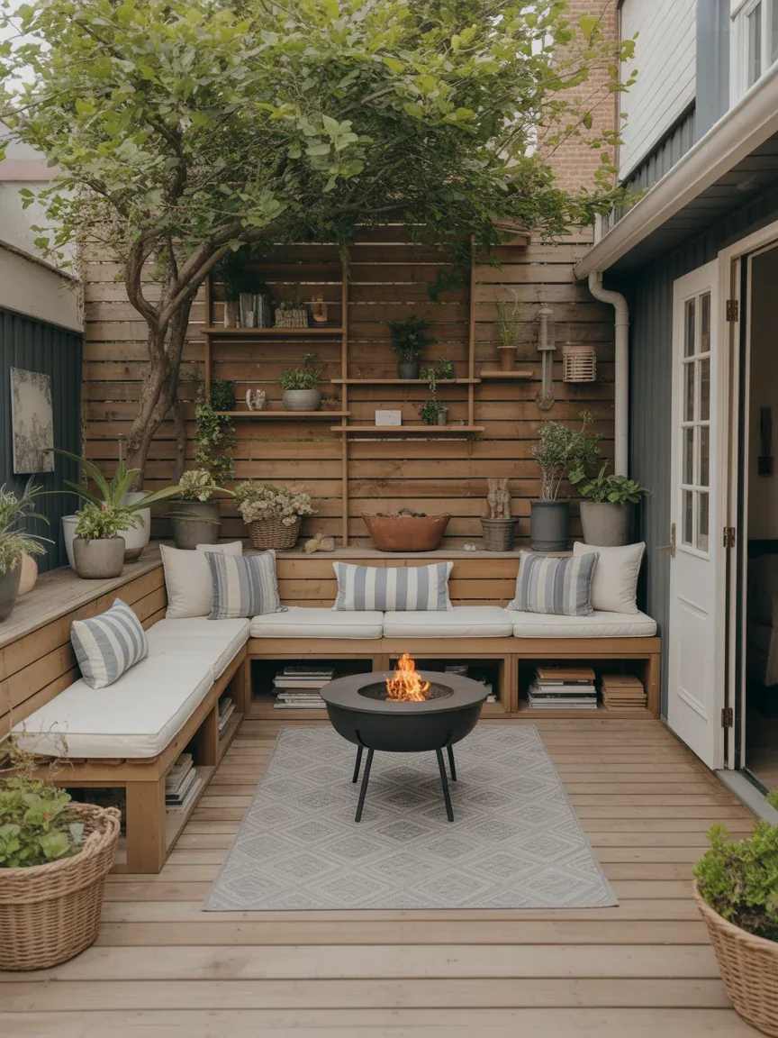 12. Compact Entertaining Patio With Built-In Seating 12. Compact Entertaining Patio With Built-In Seating