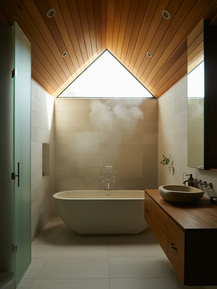 5. Contemporary Bathroom With Wood Panel Vaulted Ceilings 5. Contemporary Bathroom With Wood Panel Vaulted Ceilings