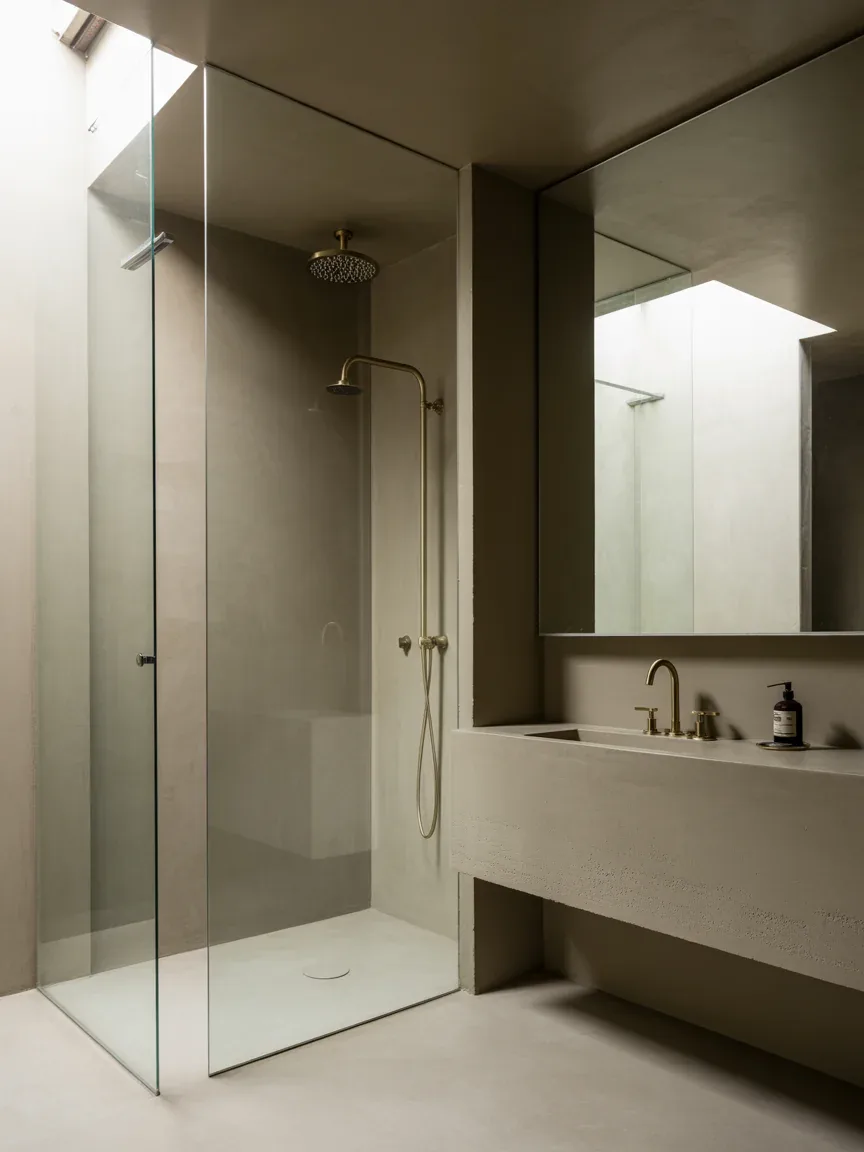 13. Contemporary Concrete Bathroom With Gold Contrast 13. Contemporary Concrete Bathroom With Gold Contrast