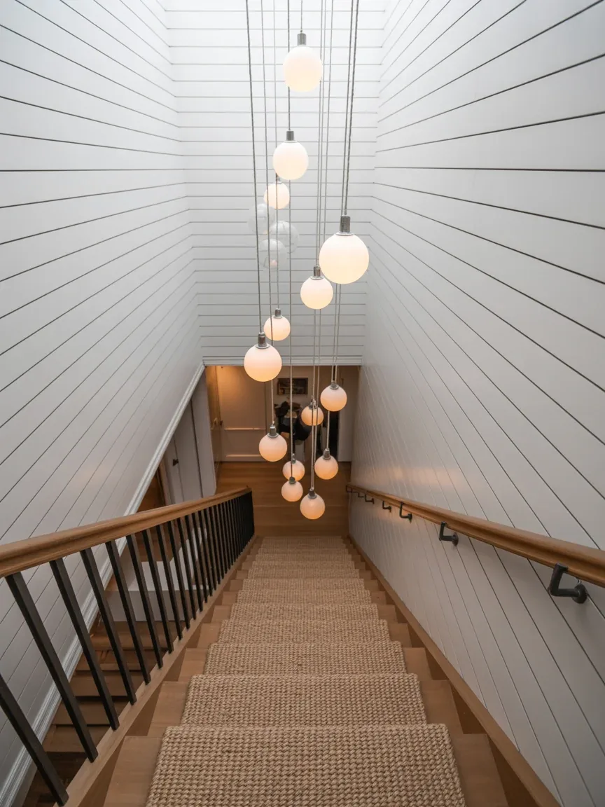 13. Contemporary Farmhouse Staircase With Hanging Globe Lights 13. Contemporary Farmhouse Staircase With Hanging Globe Lights
