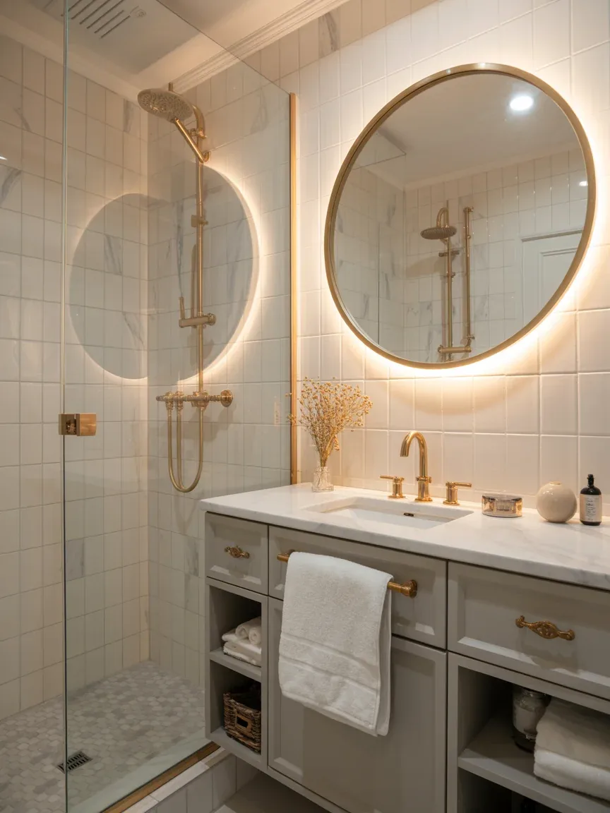 15. Contemporary Glam Bathroom With Marble Accents 15. Contemporary Glam Bathroom With Marble Accents