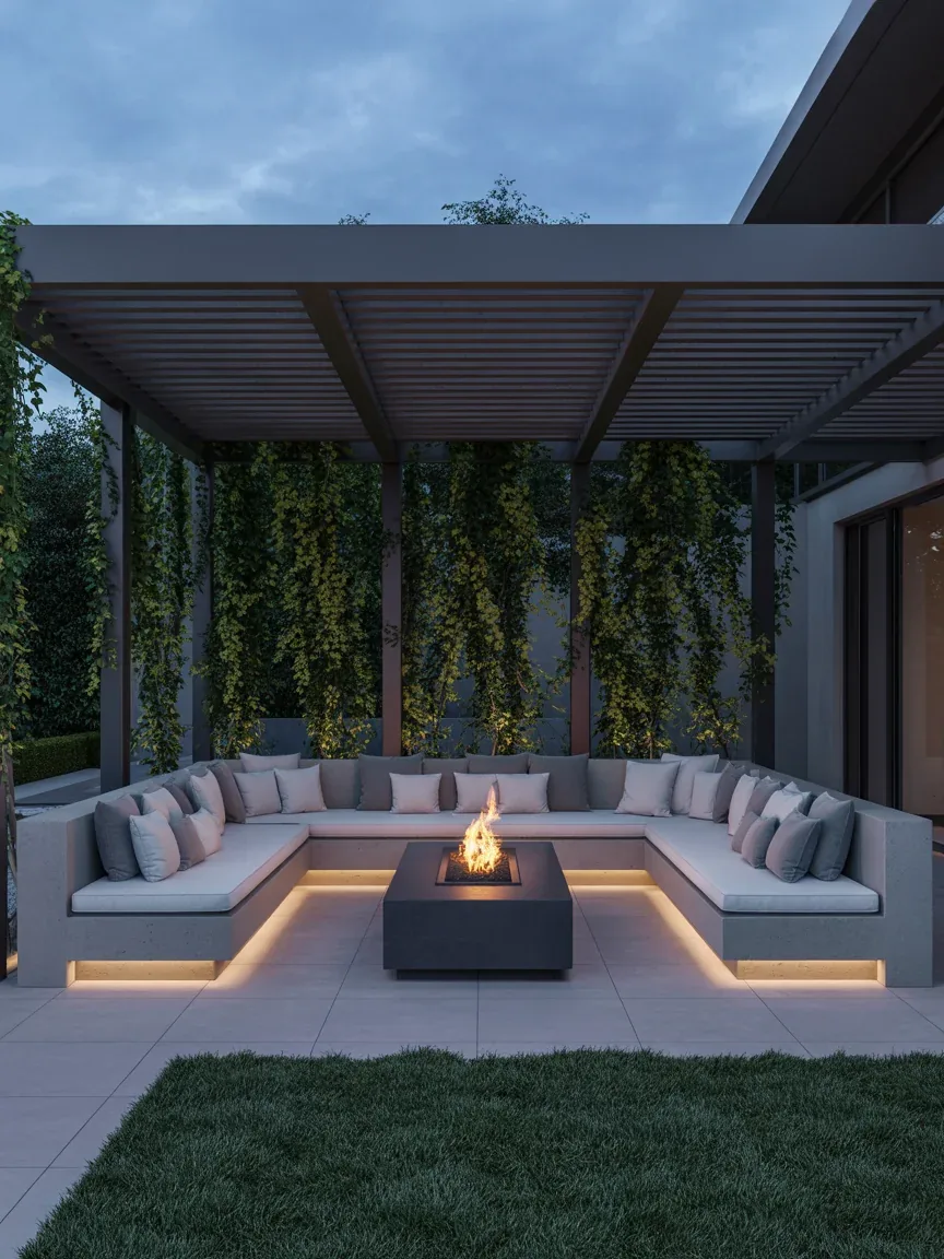 16. Contemporary Pergola Lounge With Built-In Seating 16. Contemporary Pergola Lounge With Built-In Seating