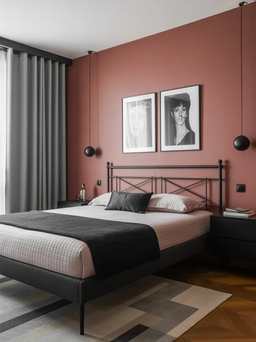 9. Contemporary Pink Bedroom With Black Contrast 9. Contemporary Pink Bedroom With Black Contrast