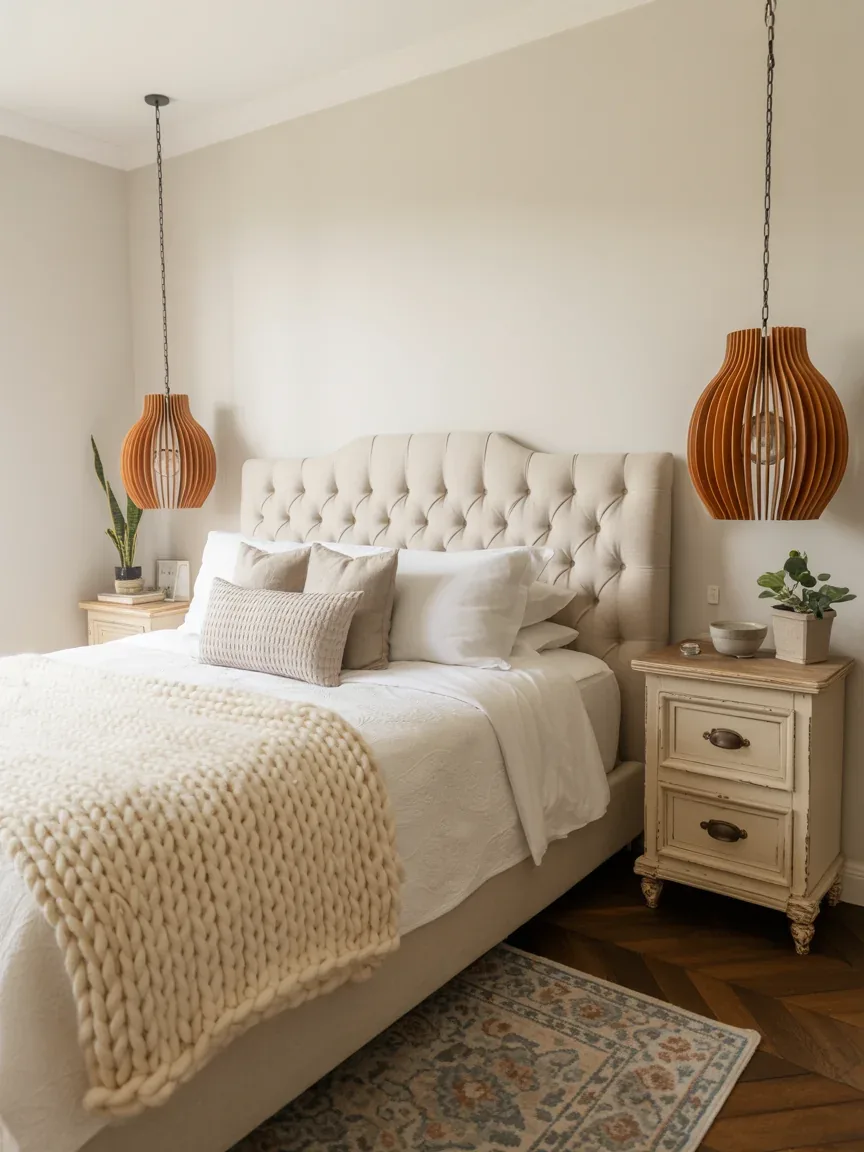 5. Cozy Bedroom With Distressed Wood Pendant Lighting 5. Cozy Bedroom With Distressed Wood Pendant Lighting