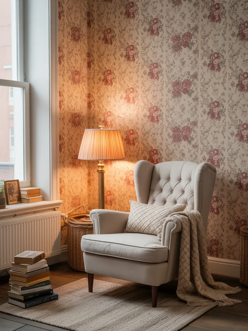 5. Cozy Cottagecore Reading Nook With Floral Wallpaper 5. Cozy Cottagecore Reading Nook With Floral Wallpaper