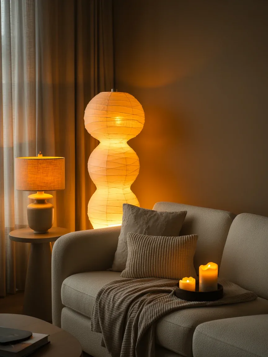 1. Cozy Layered Living Room With Warm Ambient Lighting 1. Cozy Layered Living Room With Warm Ambient Lighting