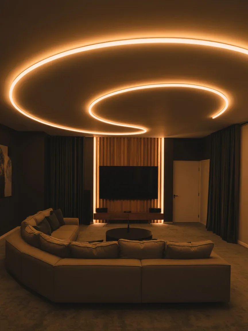 7. Cozy Media Room With Curved Ceiling Light Design 7. Cozy Media Room With Curved Ceiling Light Design