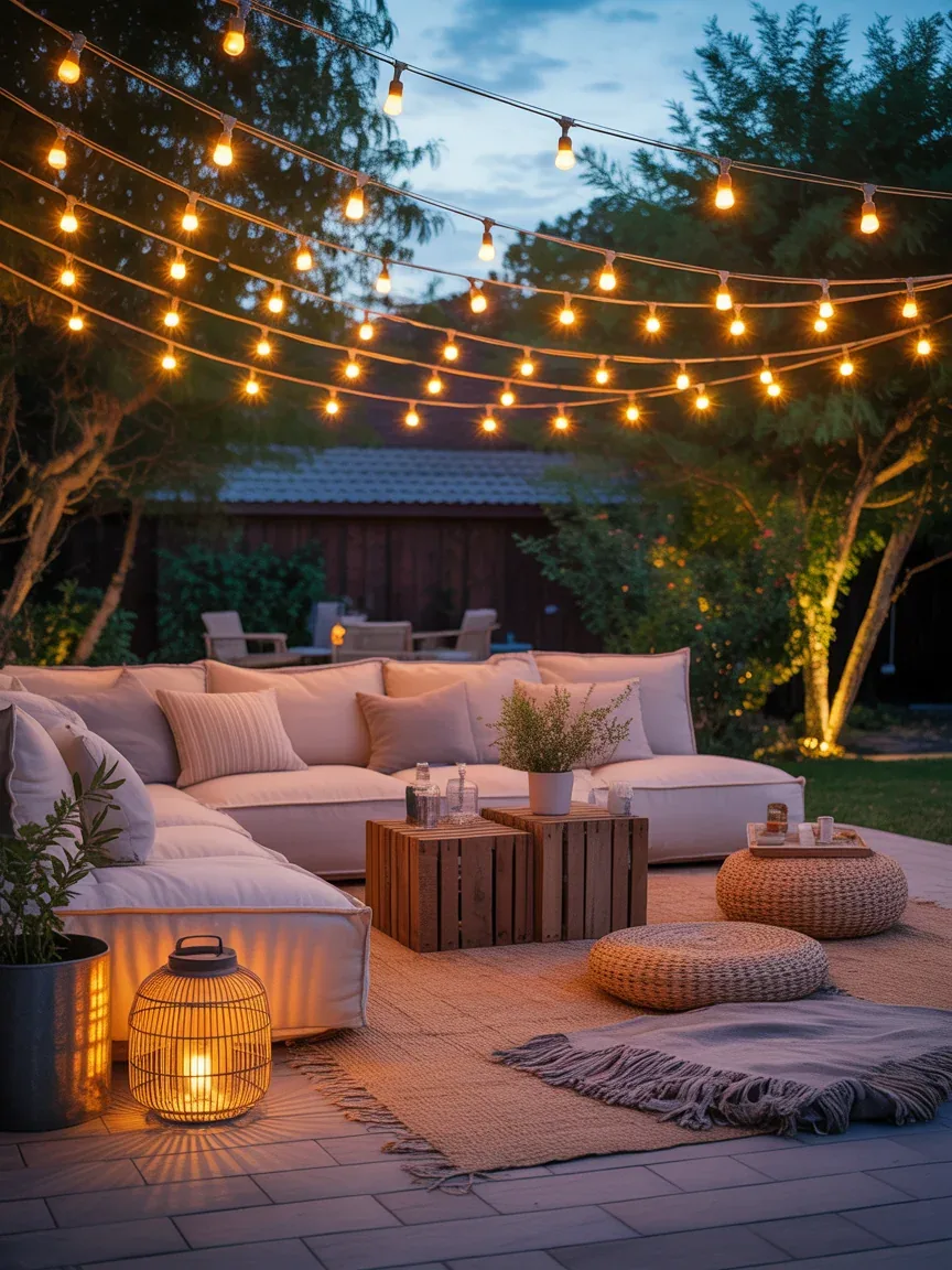 1. Cozy String Light Lounge With Layered Textures 1. Cozy String Light Lounge With Layered Textures