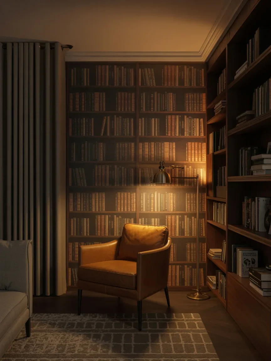 9. Dark Academia Lounge With Library-Inspired Wallpaper 9. Dark Academia Lounge With Library-Inspired Wallpaper