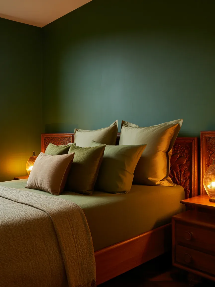 19. Dark Green Cocoon Bedroom With Cozy Layers 19. Dark Green Cocoon Bedroom With Cozy Layers