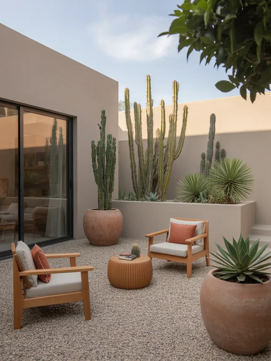 2. Desert-Inspired Lounge With Gravel And Cactus Planters 2. Desert-Inspired Lounge With Gravel And Cactus Planters