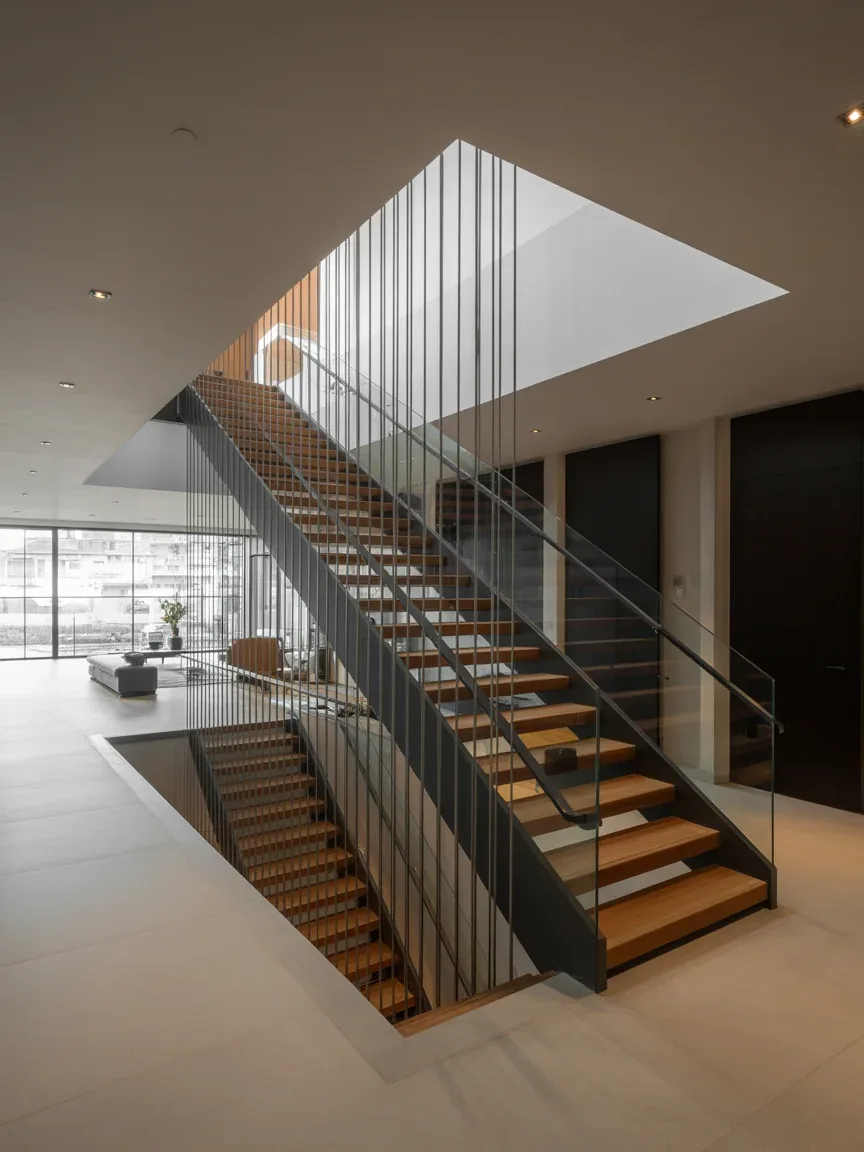 6. Double-Height Staircase With Vertical Profile Lighting 6. Double-Height Staircase With Vertical Profile Lighting