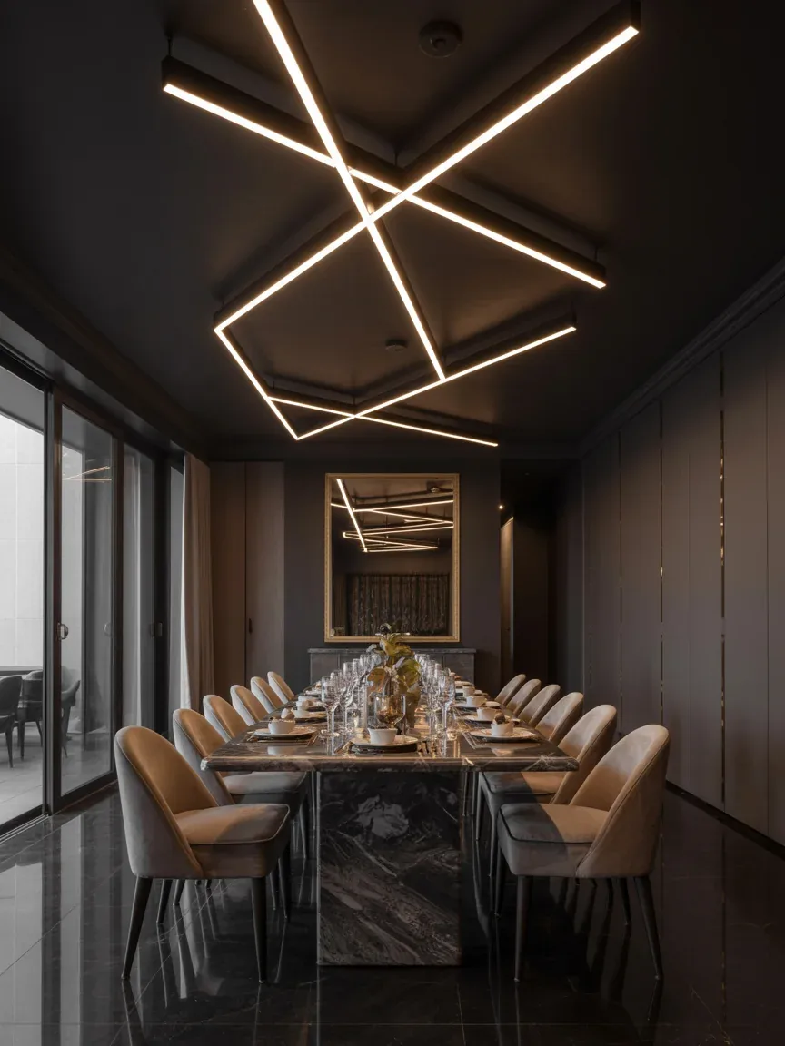 3. Dramatic Black Ceiling Dining Room With Geometric Lighting 3. Dramatic Black Ceiling Dining Room With Geometric Lighting