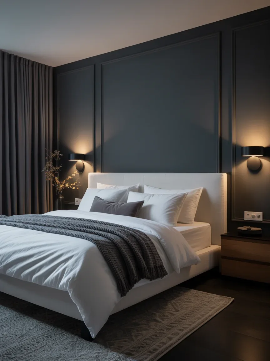 4. Dramatic Dark Gray Bedroom With Crisp White Contrast 4. Dramatic Dark Gray Bedroom With Crisp White Contrast