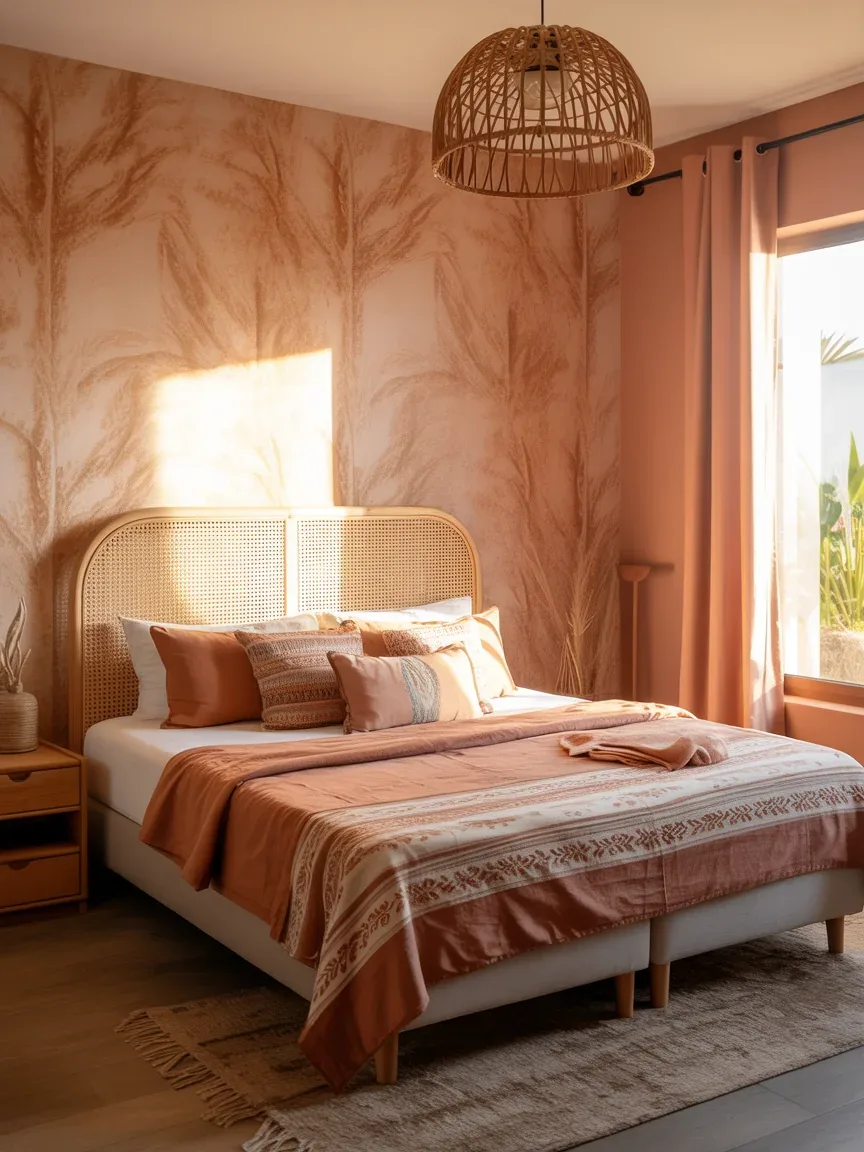 7. Earthy Boho Bedroom With Terracotta Wallpaper 7. Earthy Boho Bedroom With Terracotta Wallpaper