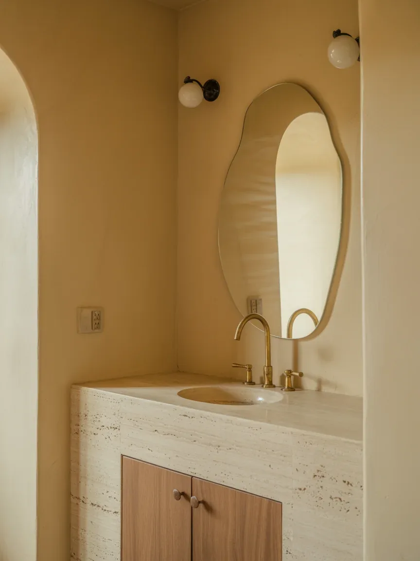 11. Earthy Organic Bathroom With Warm Gold Metals 11. Earthy Organic Bathroom With Warm Gold Metals