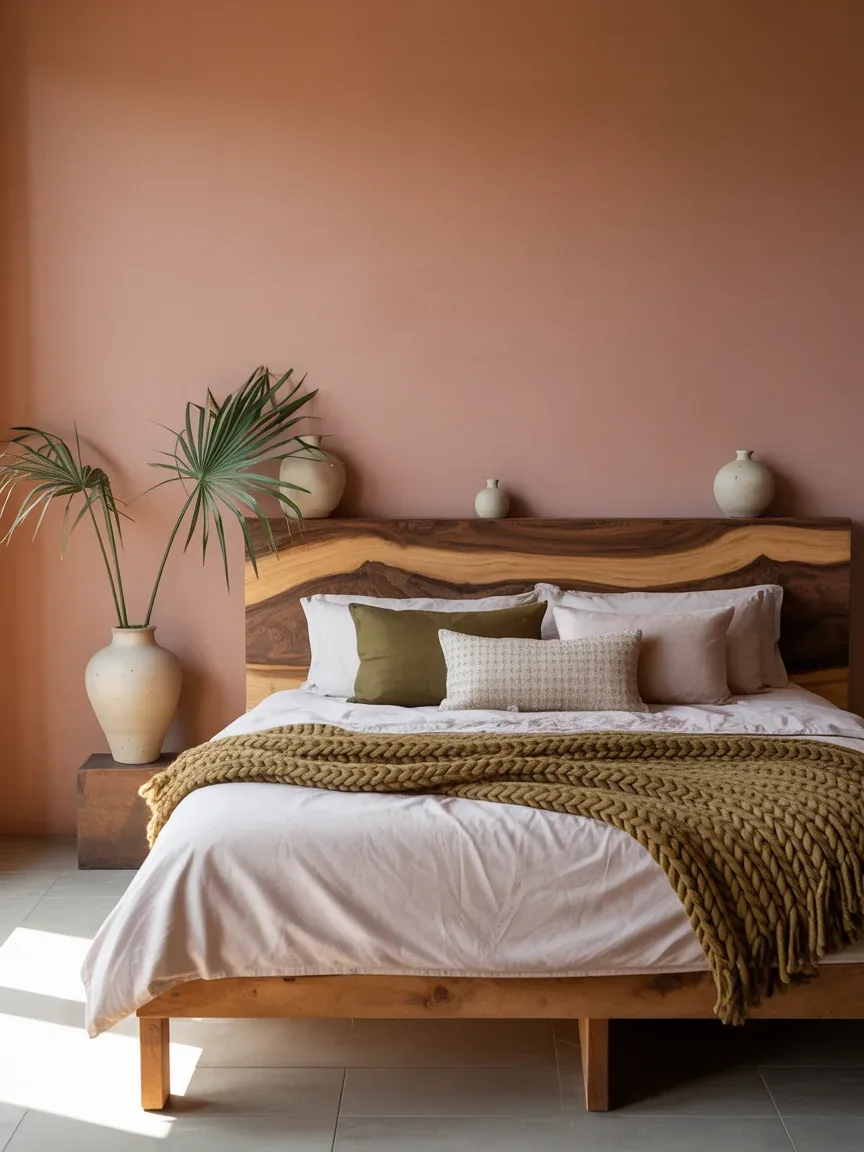 15. Earthy Organic Bedroom With Clay Pink Walls 15. Earthy Organic Bedroom With Clay Pink Walls