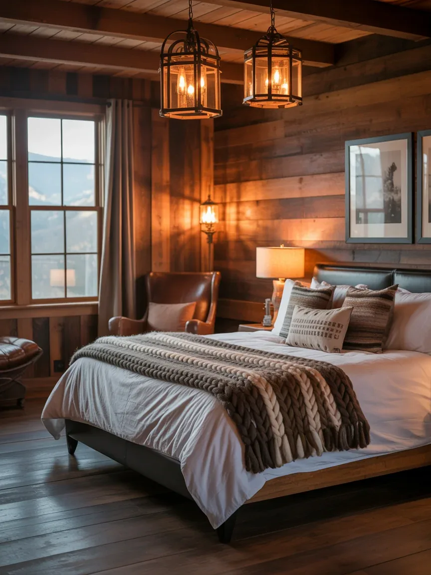 14. Earthy Rustic Cabin Bedroom With Lantern Lighting 14. Earthy Rustic Cabin Bedroom With Lantern Lighting
