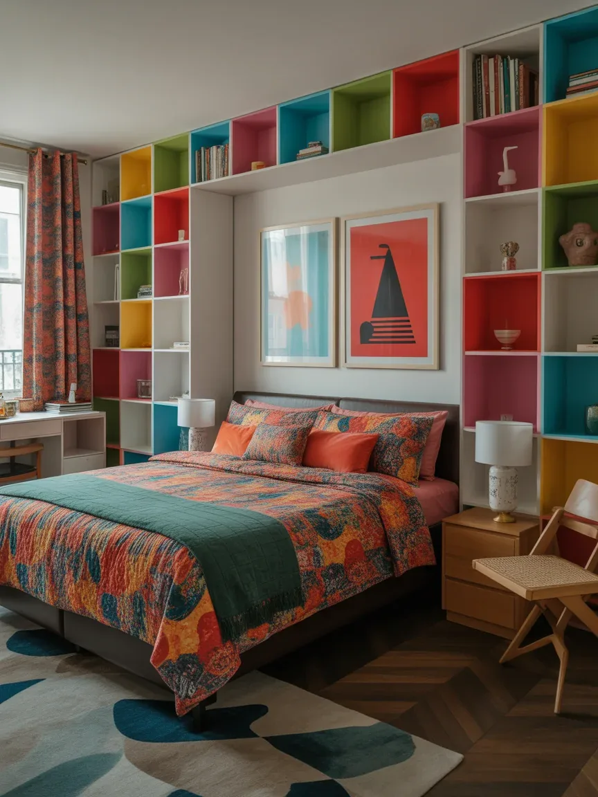14. Eclectic Creative Bedroom With Colorful Modular Storage 14. Eclectic Creative Bedroom With Colorful Modular Storage
