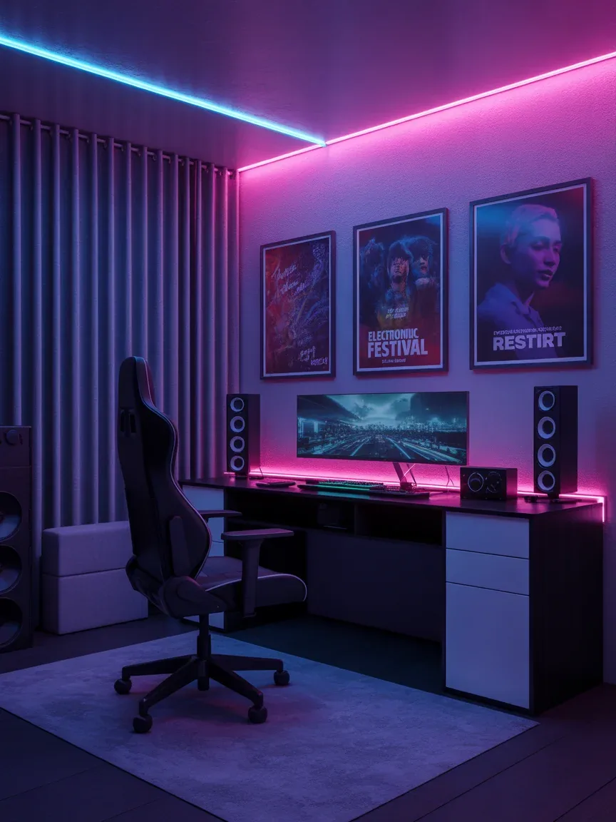 14. Electronic Music Gaming Room With Futuristic Lighting 14. Electronic Music Gaming Room With Futuristic Lighting