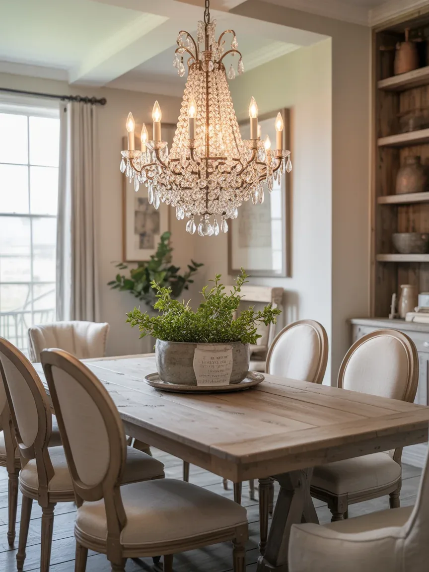 11. Elegant Dining Space With Crystal Farmhouse Chandelier 11. Elegant Dining Space With Crystal Farmhouse Chandelier