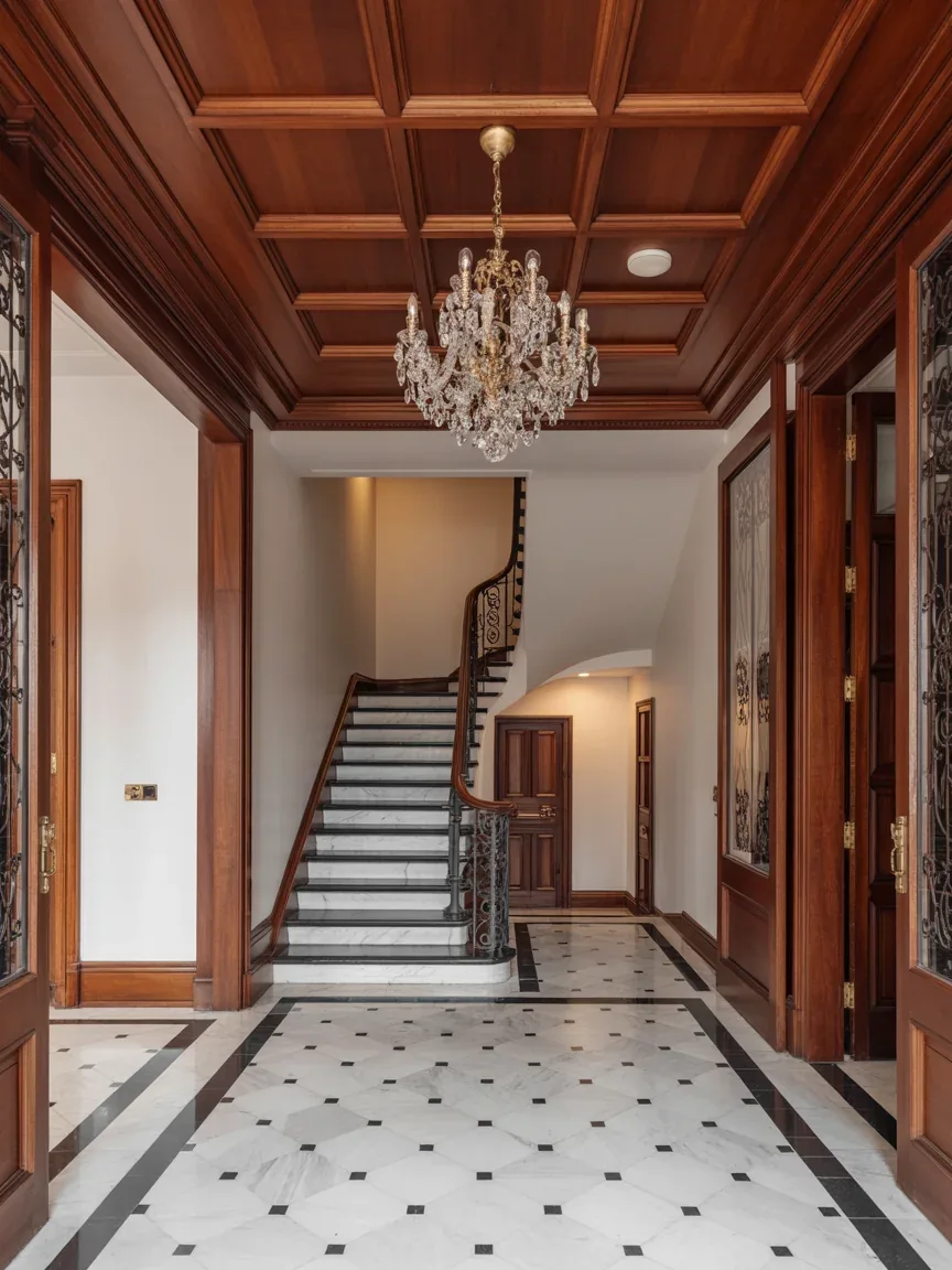 10. Elegant Entryway With Paneled Mahogany Ceilings 10. Elegant Entryway With Paneled Mahogany Ceilings