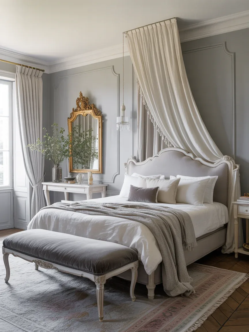 7. Elegant French-Inspired Gray and White Bedroom 7. Elegant French-Inspired Gray and White Bedroom