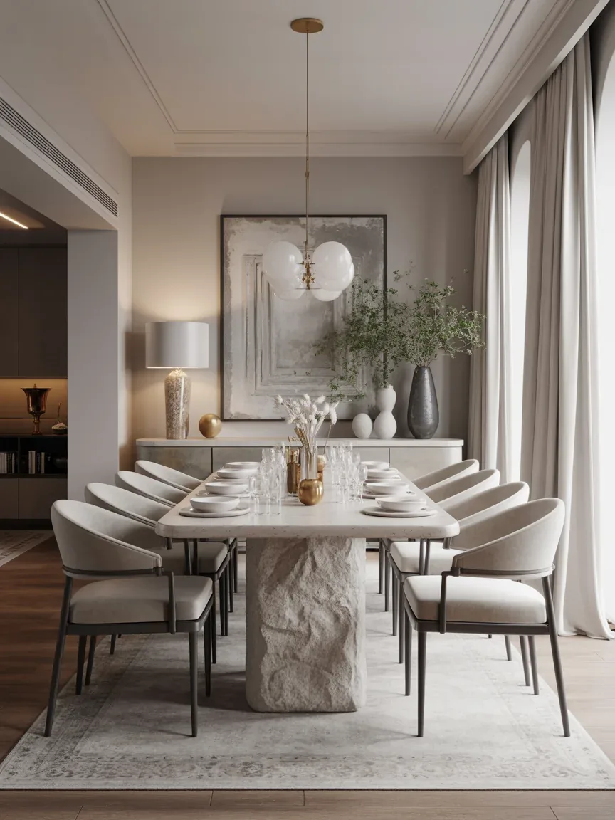 16. Elegant Monochrome Dining Room With Soft Layers 16. Elegant Monochrome Dining Room With Soft Layers