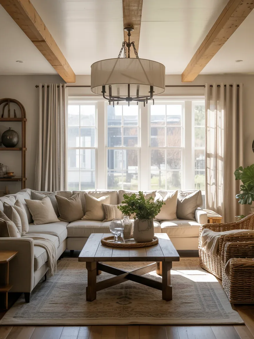 16. Family Room With Drum Shade Farmhouse Chandelier 16. Family Room With Drum Shade Farmhouse Chandelier
