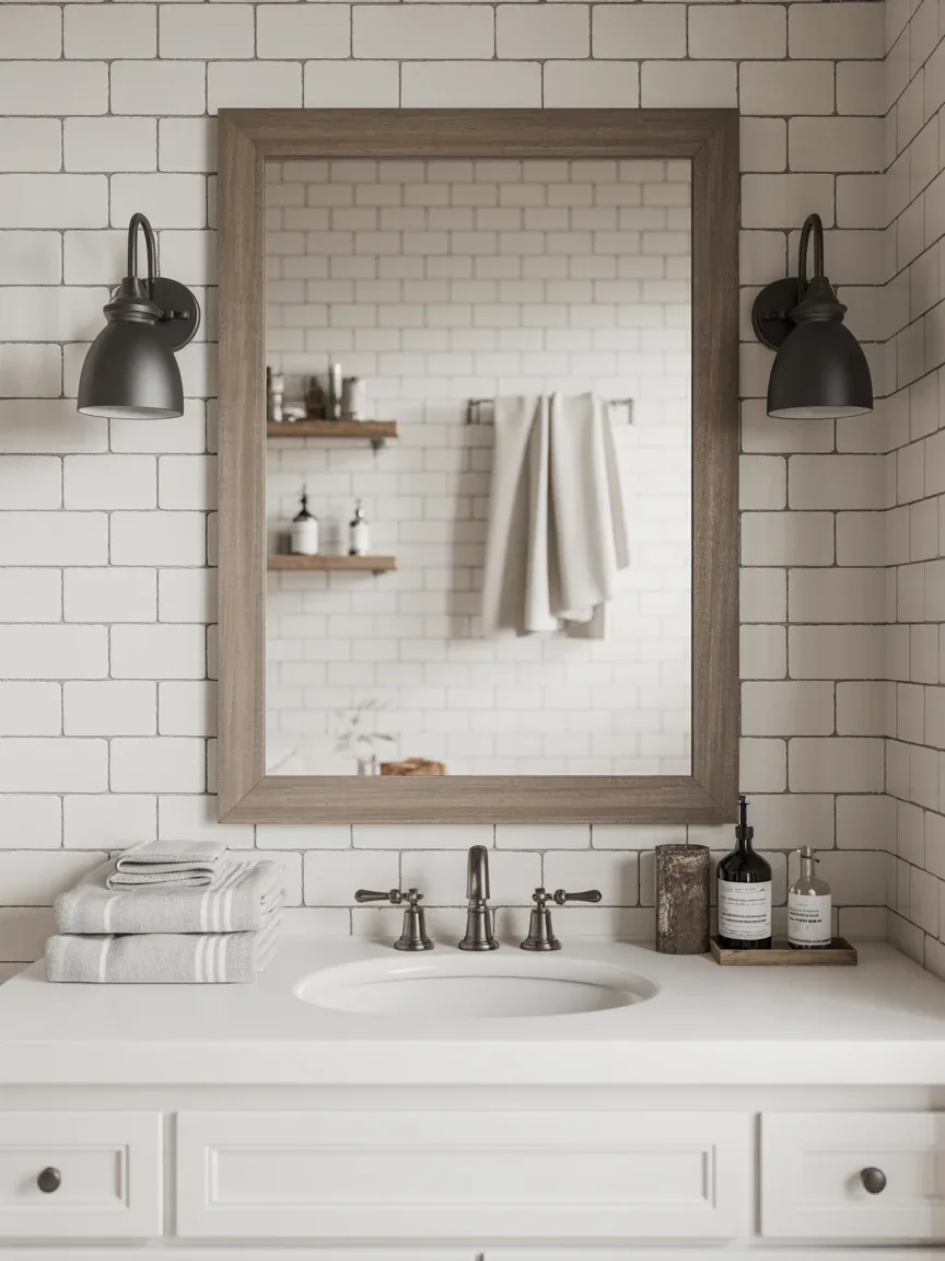 7. Farmhouse Bathroom With Matte Black Vanity Sconces 7. Farmhouse Bathroom With Matte Black Vanity Sconces