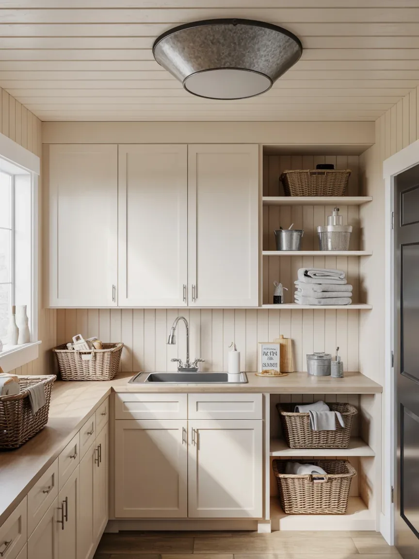 17. Farmhouse Laundry Room With Galvanized Metal Lighting 17. Farmhouse Laundry Room With Galvanized Metal Lighting