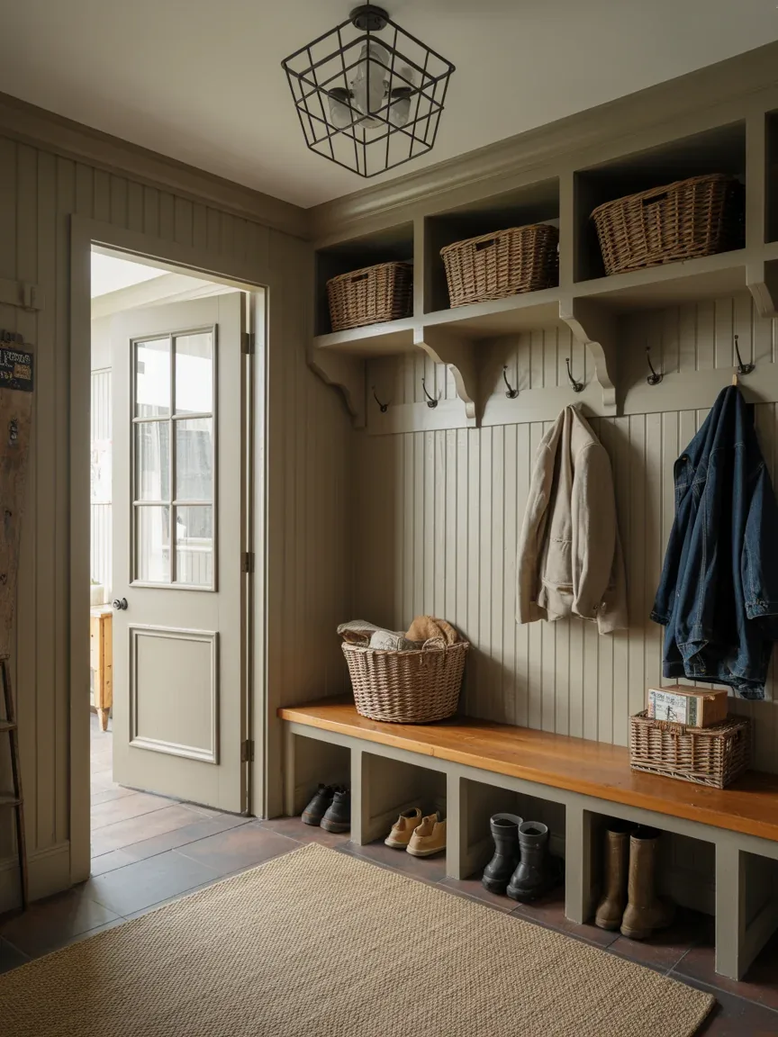 10. Farmhouse Mudroom With Industrial Cage Fixtures 10. Farmhouse Mudroom With Industrial Cage Fixtures