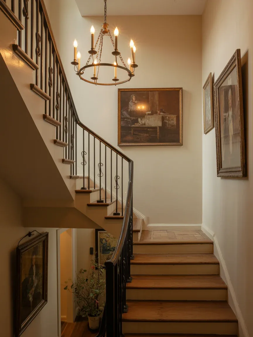 14. Farmhouse Stair Hall With Candle-Style Chandelier 14. Farmhouse Stair Hall With Candle-Style Chandelier