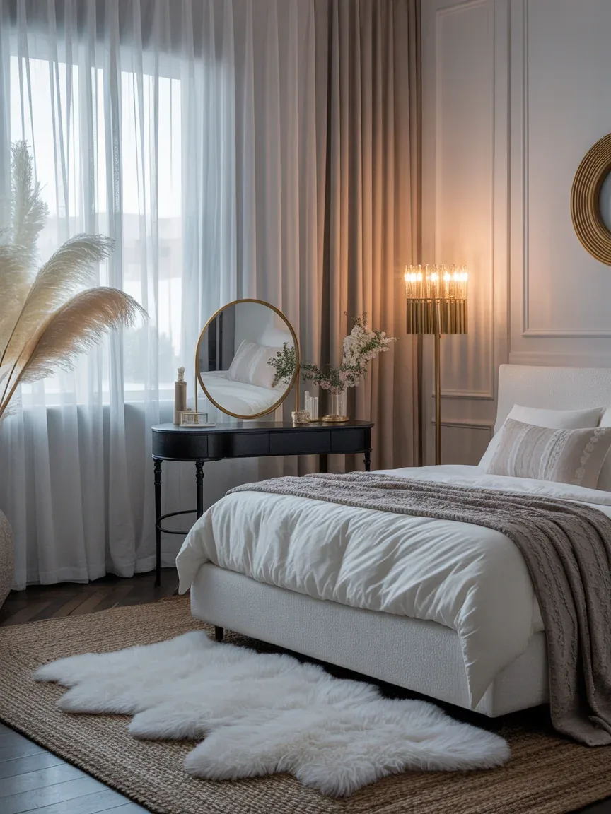 12. Feminine Black and White Bedroom With Soft Textures 12. Feminine Black and White Bedroom With Soft Textures