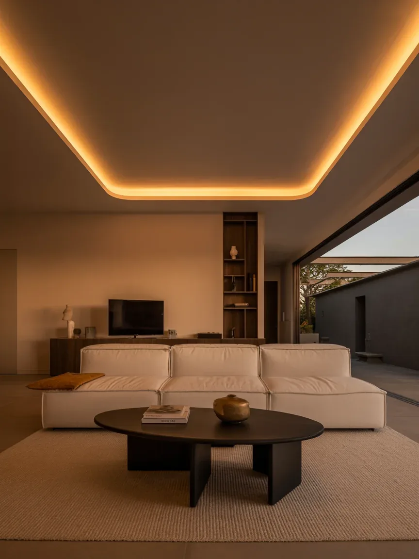 1. Floating Cove Living Room With Warm Linear Glow 1. Floating Cove Living Room With Warm Linear Glow