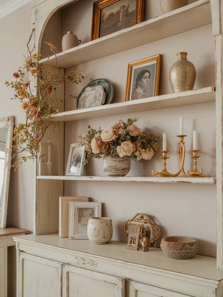 12. French Country Shelves With Romantic Fall Details 12. French Country Shelves With Romantic Fall Details