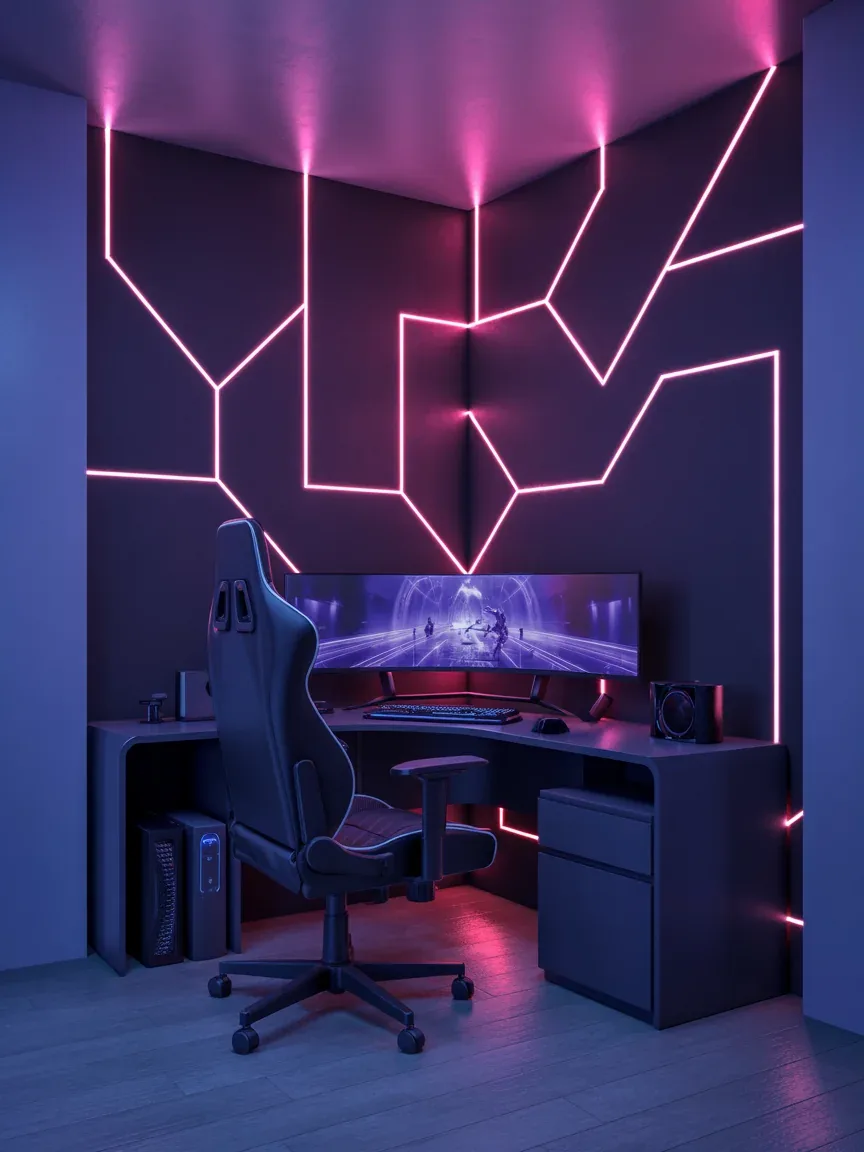 15. Futuristic Gaming Setup With Neon Wallpaper Accents 15. Futuristic Gaming Setup With Neon Wallpaper Accents