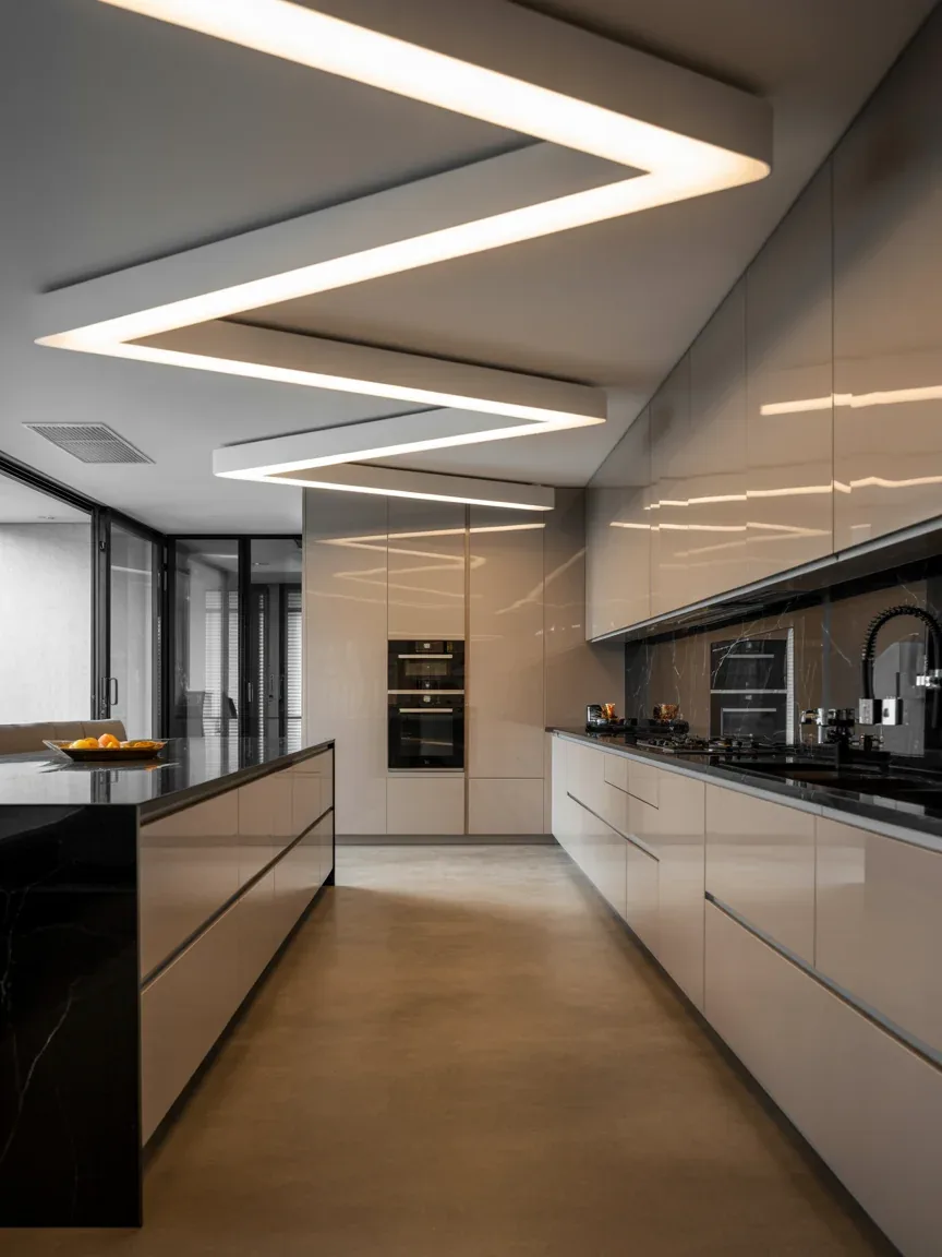 11. Futuristic Kitchen With Zigzag Ceiling Lighting 11. Futuristic Kitchen With Zigzag Ceiling Lighting