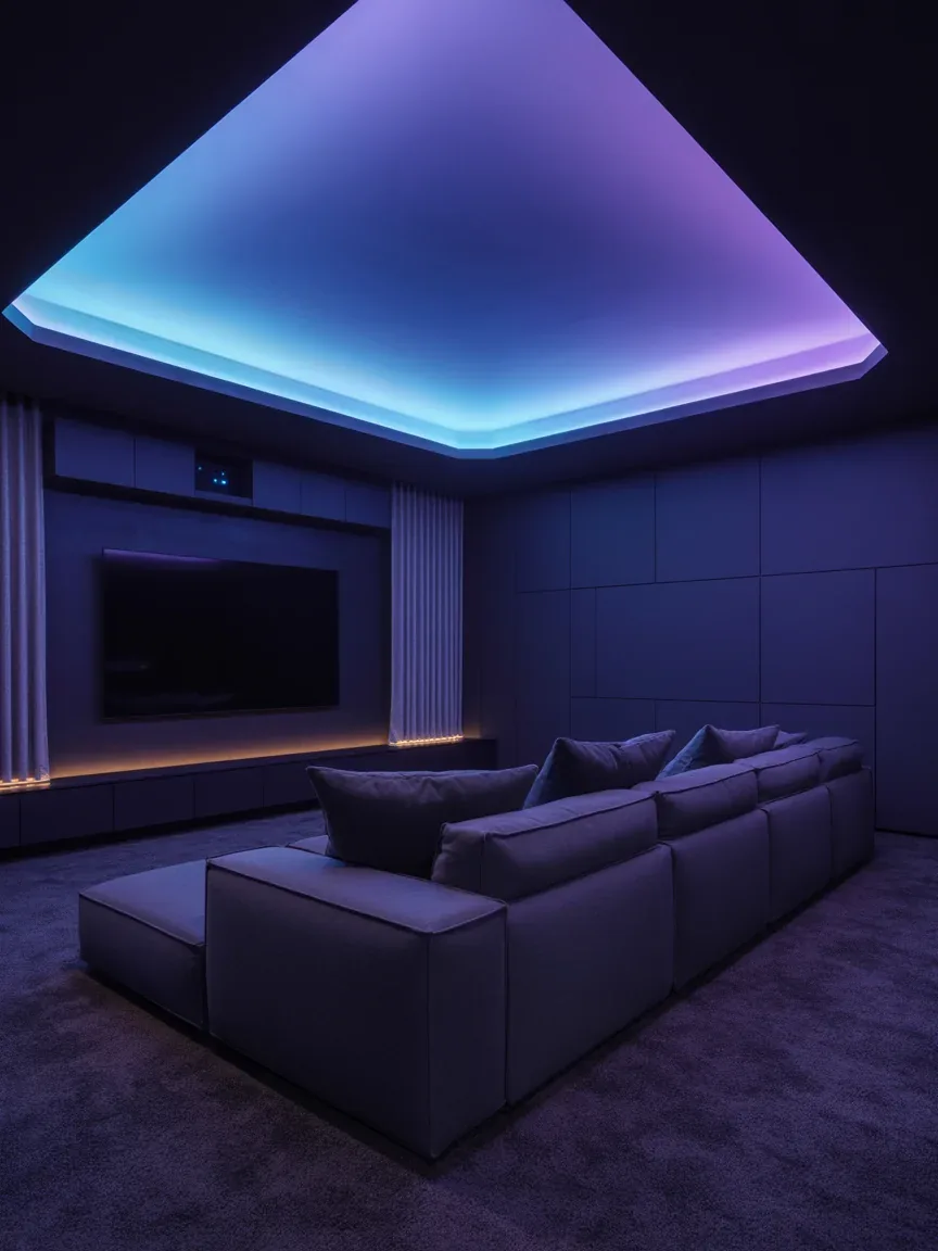 6. Futuristic Media Room With Color-Changing Cove Lights 6. Futuristic Media Room With Color-Changing Cove Lights