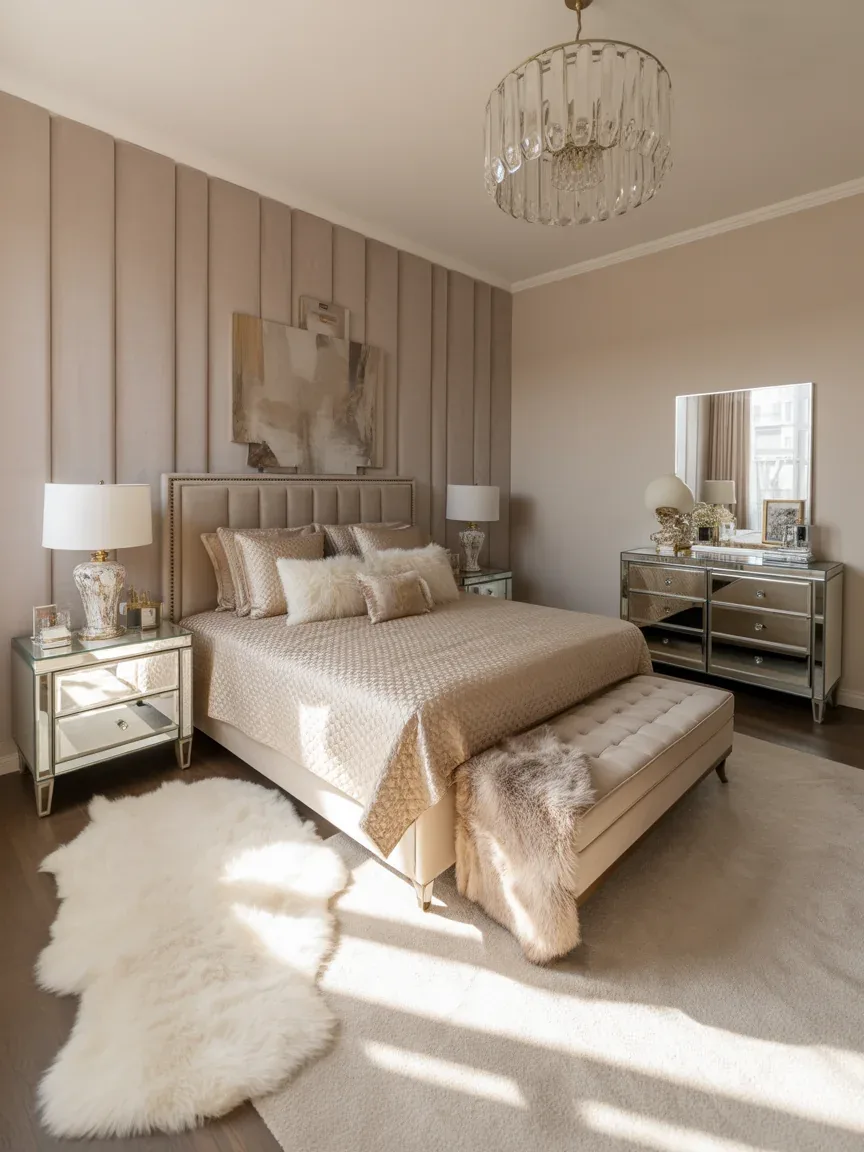 10. Glam Apartment Bedroom With Mirrored Storage Furniture 10. Glam Apartment Bedroom With Mirrored Storage Furniture