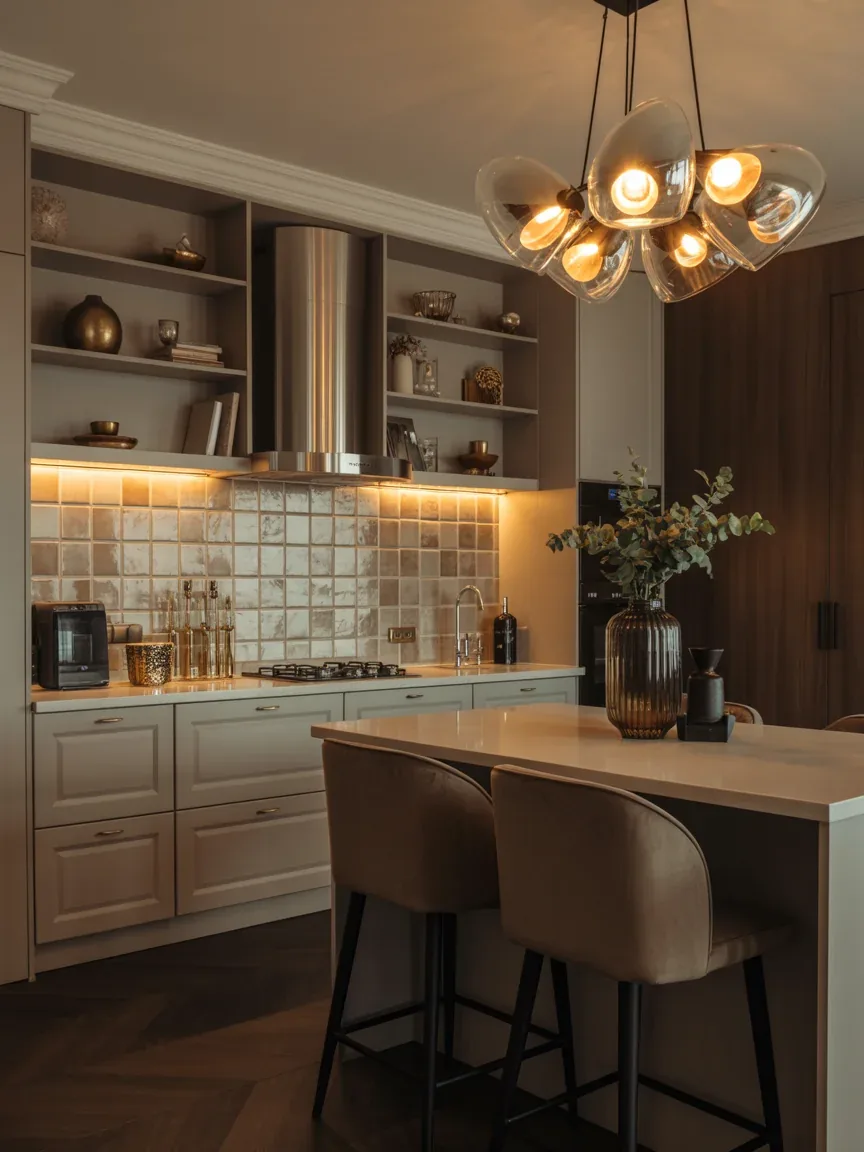 15. Glam Apartment Kitchen With Luxe Metallic Accents 15. Glam Apartment Kitchen With Luxe Metallic Accents