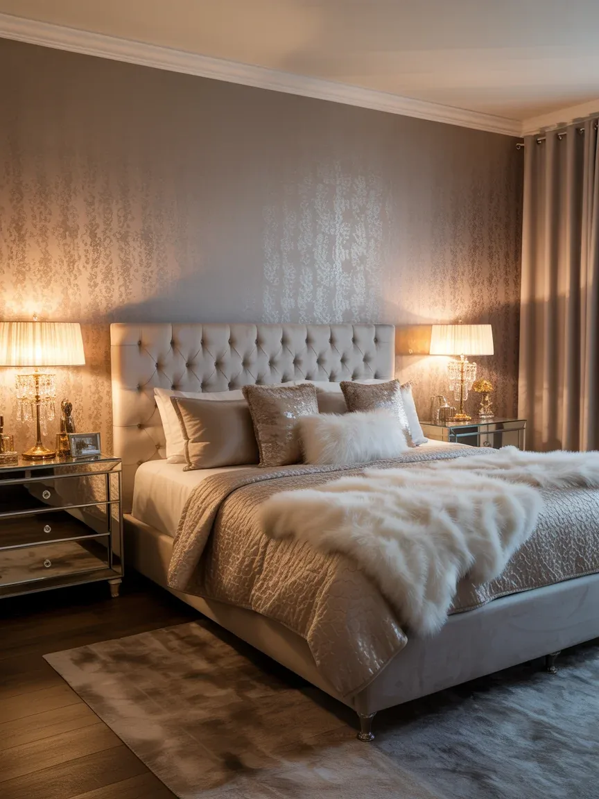 11. Glam Hollywood Bedroom With Metallic Wallpaper 11. Glam Hollywood Bedroom With Metallic Wallpaper