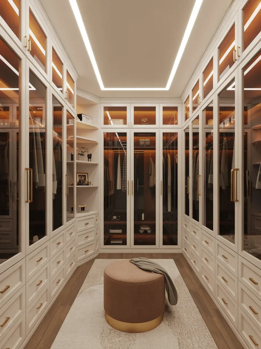 9. Glam Walk-In Closet With Illuminated Ceiling Recesses 9. Glam Walk-In Closet With Illuminated Ceiling Recesses