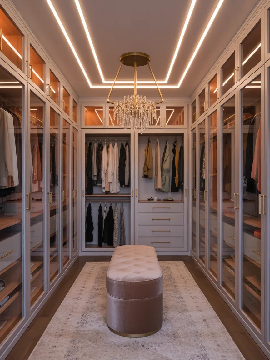 16. Glamorous Walk-In Closet With Illuminated Ceiling Borders 16. Glamorous Walk-In Closet With Illuminated Ceiling Borders