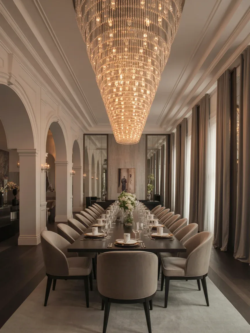 17. Grand Hotel-Inspired Dining Room With Cascading Chandeliers 17. Grand Hotel-Inspired Dining Room With Cascading Chandeliers