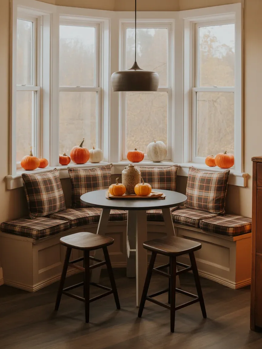 11. Harvest-Inspired Breakfast Nook With Cozy Plaids 11. Harvest-Inspired Breakfast Nook With Cozy Plaids