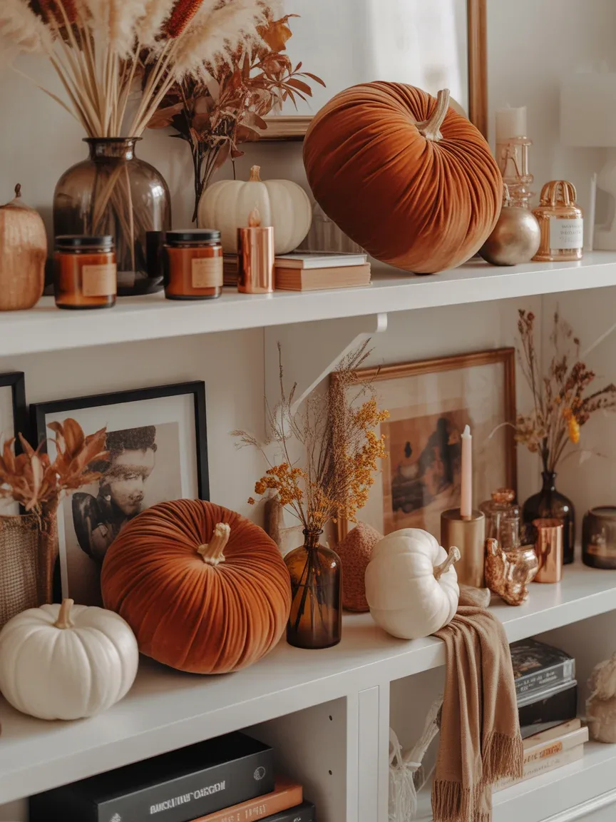17. Harvest-Inspired Shelves With Rich Autumn Layers 17. Harvest-Inspired Shelves With Rich Autumn Layers