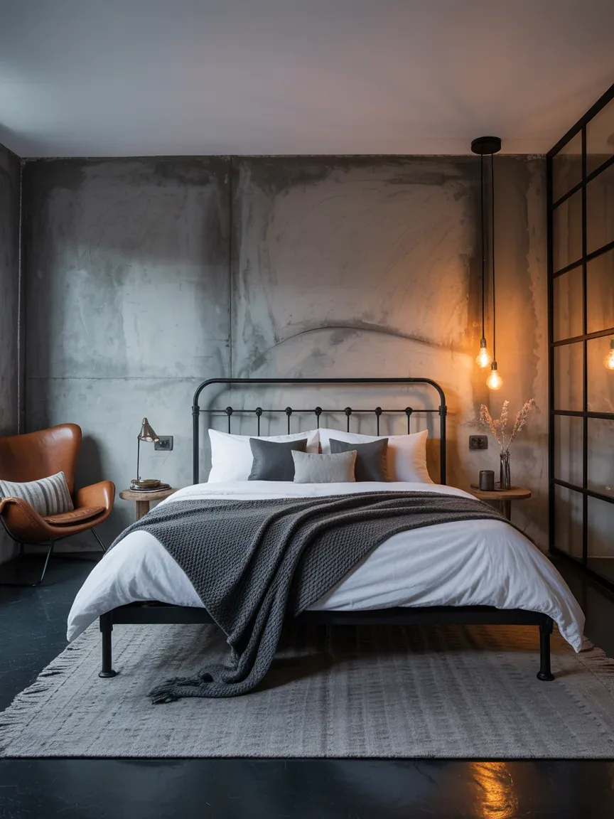 8. Industrial Loft Bedroom With Concrete Gray Accents 8. Industrial Loft Bedroom With Concrete Gray Accents