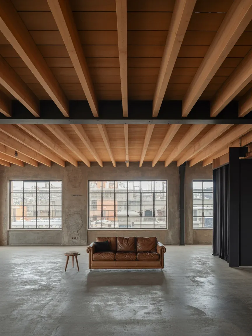 9. Industrial Loft With Raw Timber Beam Ceilings 9. Industrial Loft With Raw Timber Beam Ceilings