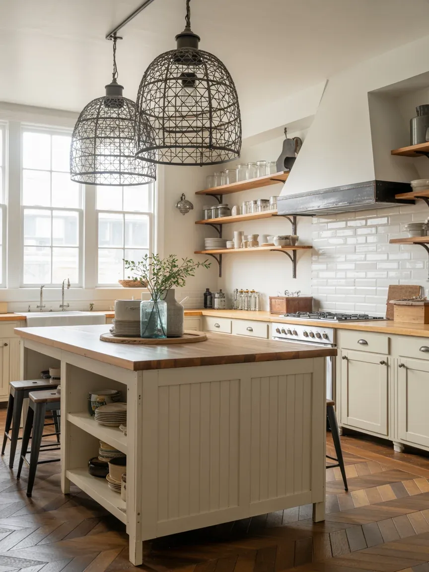 4. Industrial Rustic Kitchen With Cage Pendants 4. Industrial Rustic Kitchen With Cage Pendants